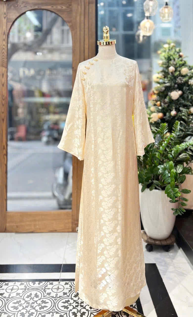 H768 4100 Áo only no pants - Áo dài dáng suông 2 tà tằm mộc miên màu kem