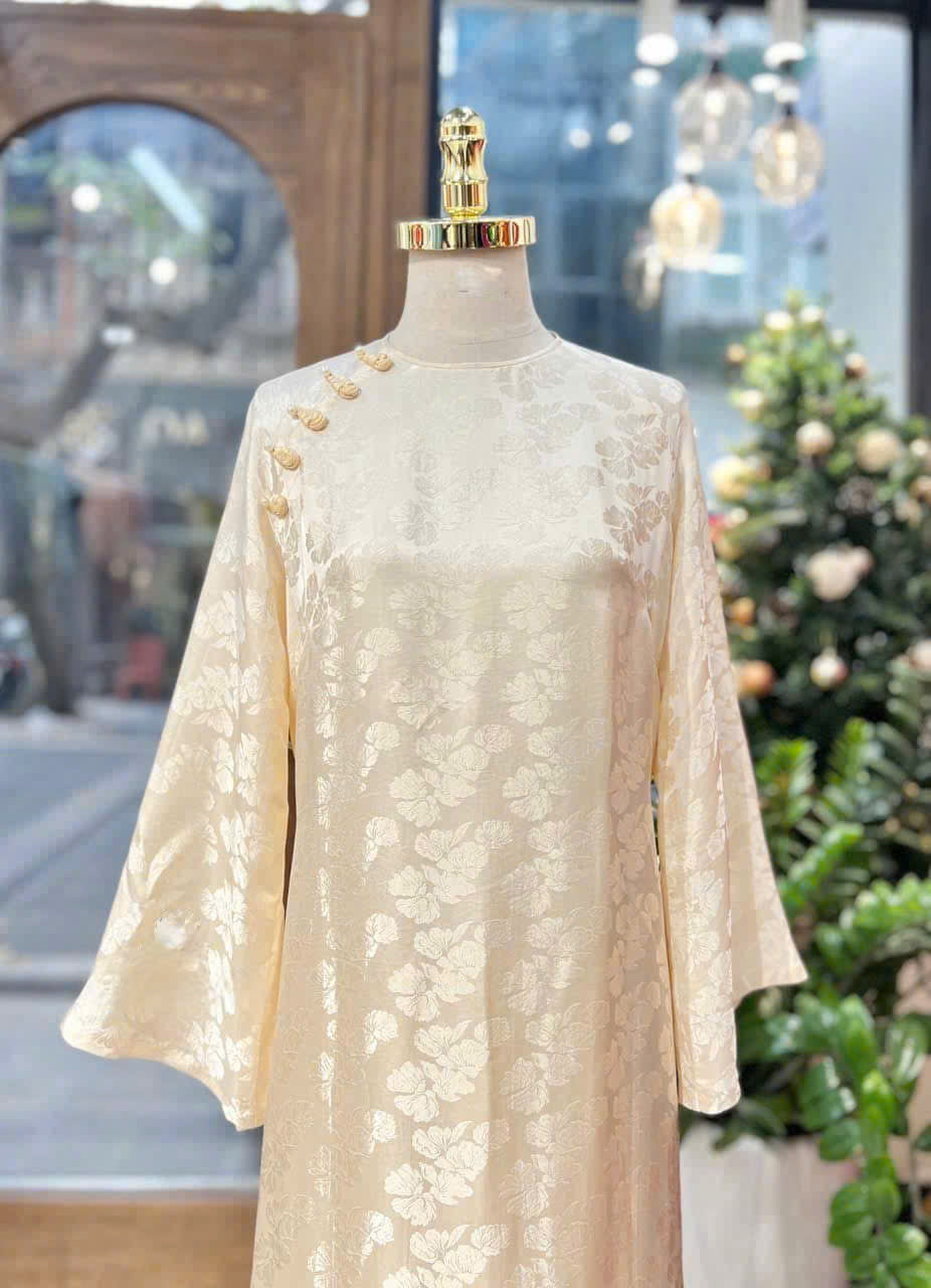 H768 4100 Áo only no pants - Áo dài dáng suông 2 tà tằm mộc miên màu kem