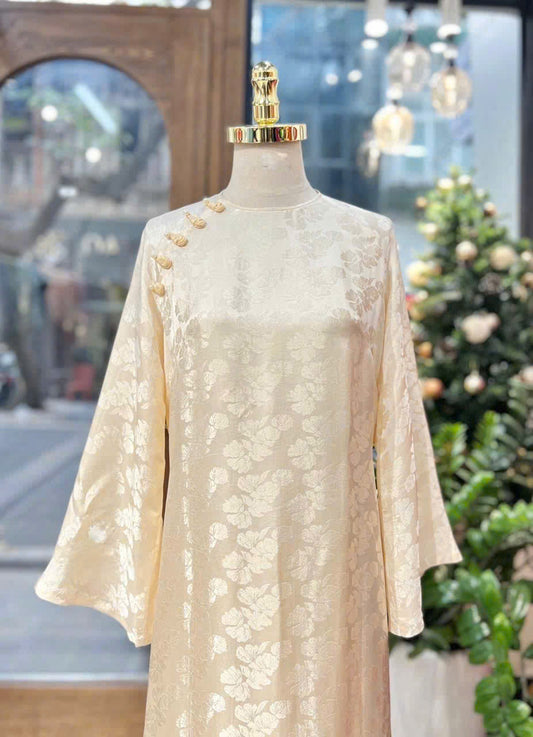 H768 4393 Áo only no pants - Áo dài dáng suông 2 tà tằm mộc miên màu kem