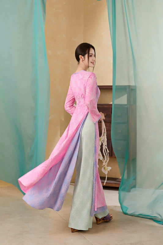 M576 4102 Áo + quần thọ dơi - Áo dài dáng truyền thống chiết li eo lụa gấm thọ dơi