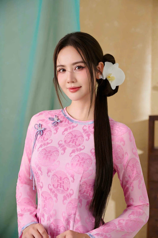 M576 4102 Áo + quần thọ dơi - Áo dài dáng truyền thống chiết li eo lụa gấm thọ dơi