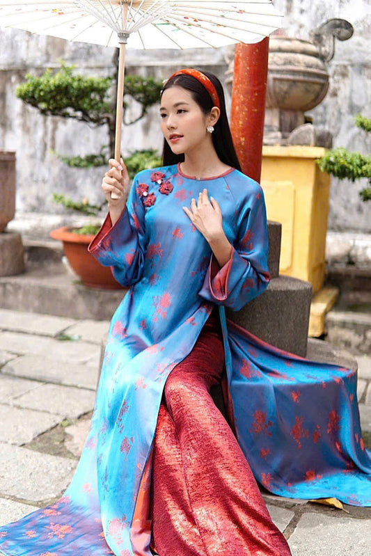 M579 4105 Áo + quần nhũ - Áo dài dáng suông 2 tà lụa silk óng 2 da