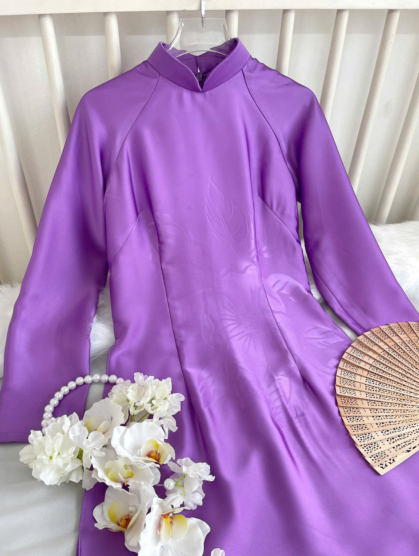H747 4122 Áo only no pants - Áo dài lụa mã não 4D màu tím cà
