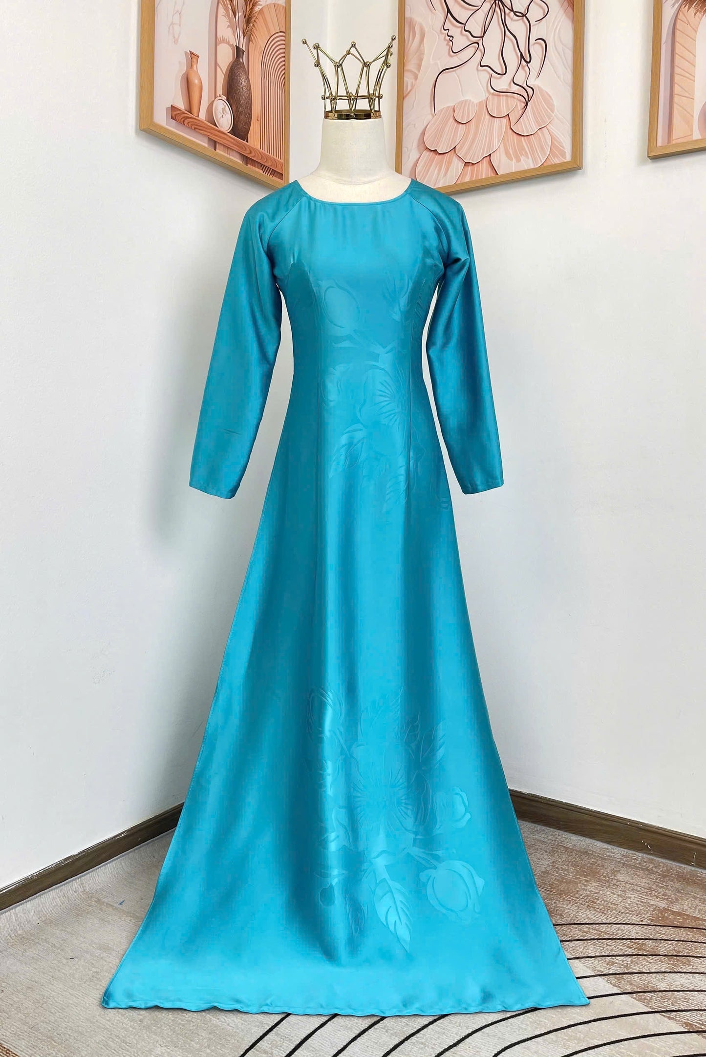 H753 4125 Áo only no pants - Áo dài lụa mã não 4D màu xanh thiên thanh