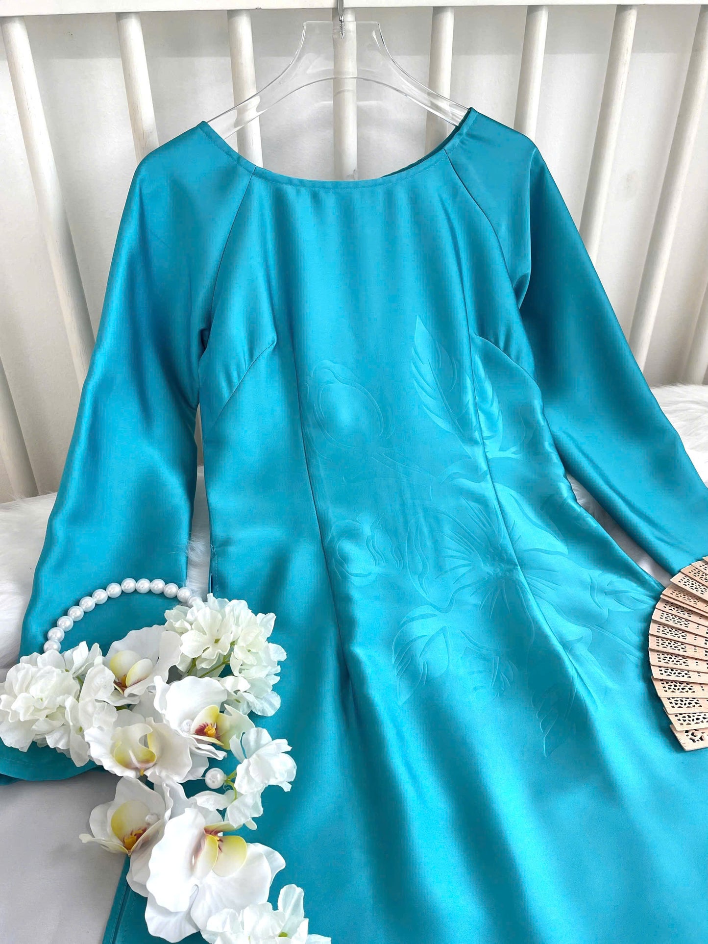 H753 4125 Áo only no pants - Áo dài lụa mã não 4D màu xanh thiên thanh