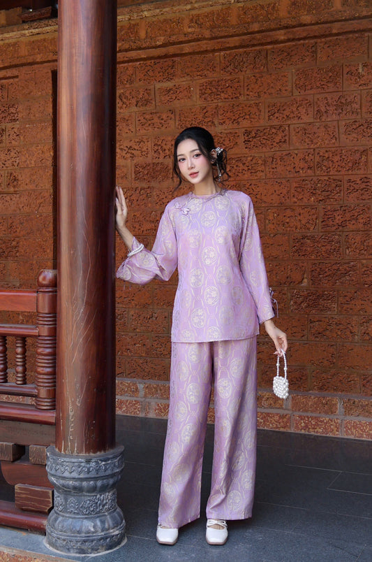 BB208 4128 - Set bà ba lụa tằm ánh kim tencel hoa thuỷ tiên