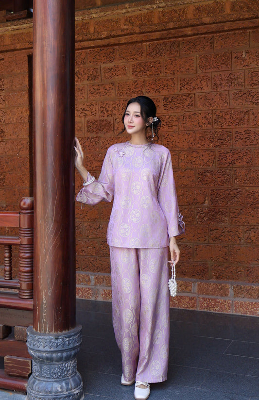 BB208 4128 - Set bà ba lụa tằm ánh kim tencel hoa thuỷ tiên