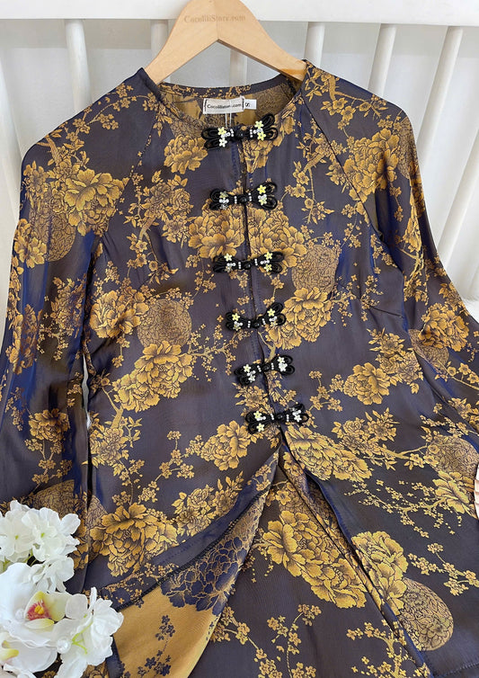BB207 4132 - Set bà ba lụa silk óng màu đen ánh vàng