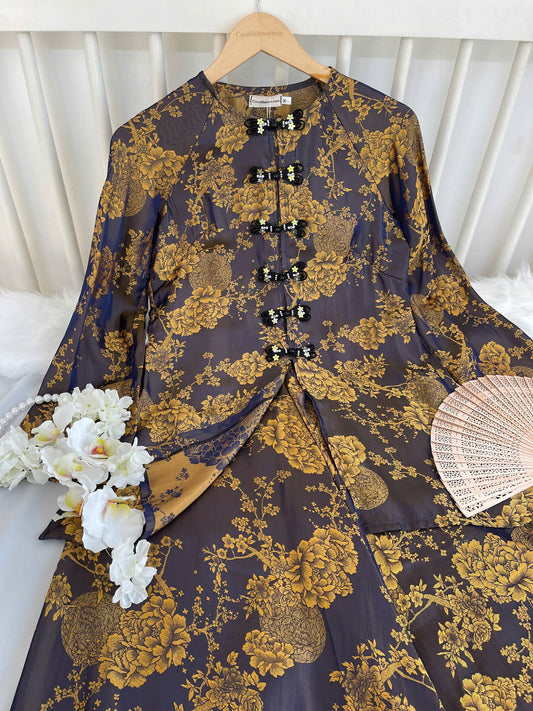 BB207 4132 - Set bà ba lụa silk óng màu đen ánh vàng