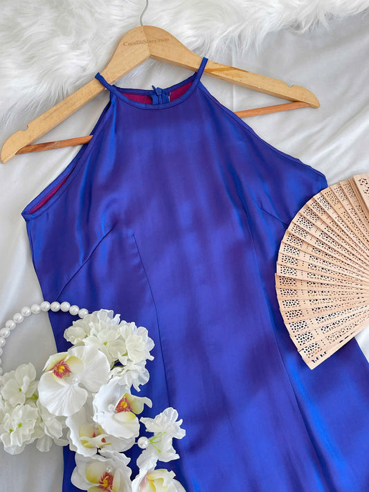 Y11 4134 - Đầm cổ yếm lụa double silk màu xanh coban ánh tím
