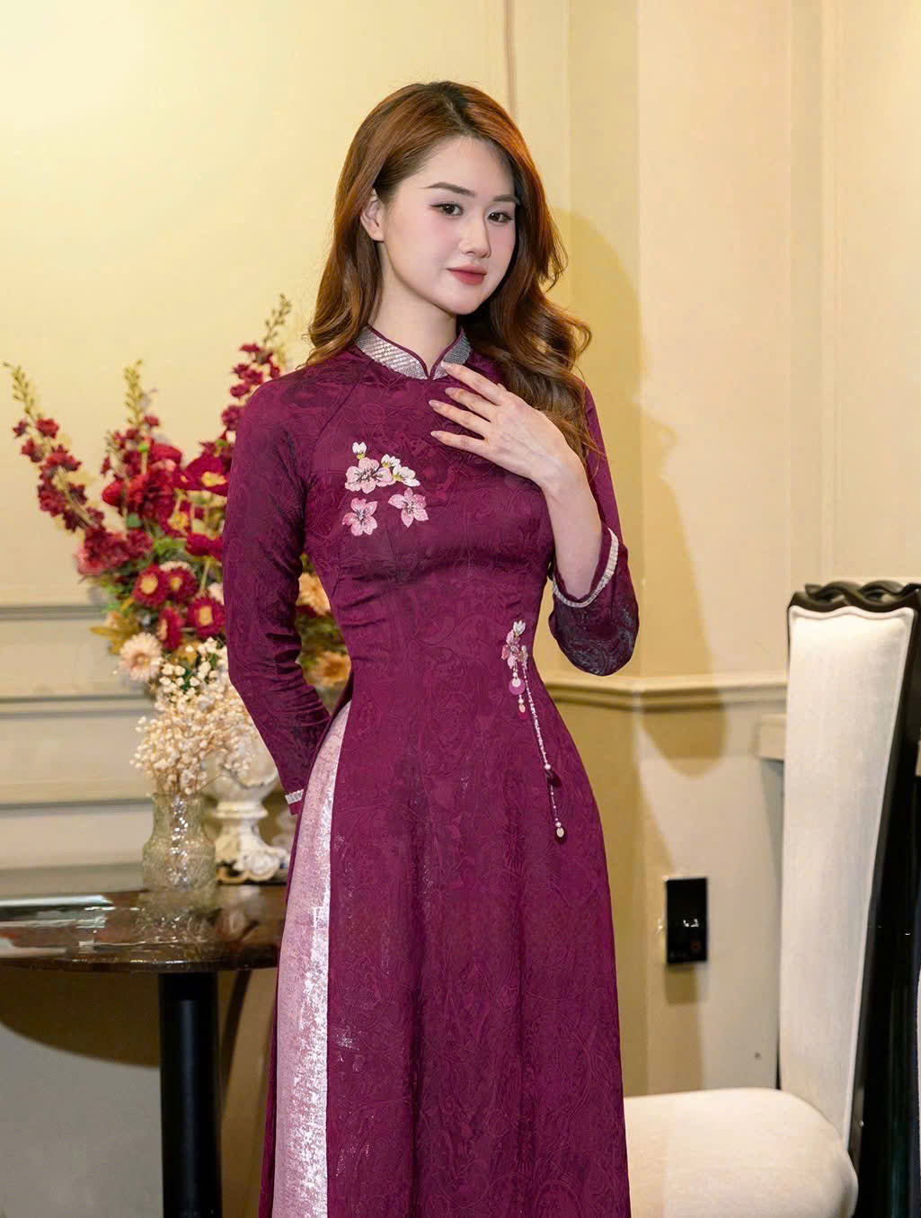 H759 4135 Áo only no pants - Áo dài dáng truyền thống chiết li eo lụa tằm tencel thêu