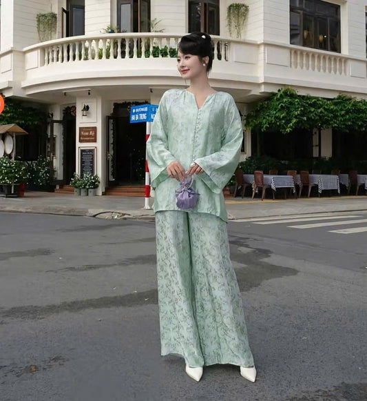 BB204 4137 - Set bà ba lụa nha xá thọ dơi màu xanh ngọc