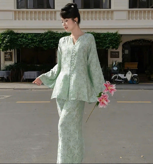 BB204 4137 - Set bà ba lụa nha xá thọ dơi màu xanh ngọc