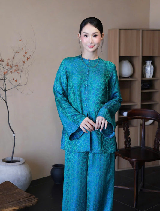 BB215 4138 - Set bà ba lụa nha xá lông công màu xanh