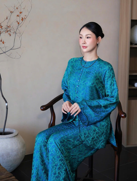 BB215 4138 - Set bà ba lụa nha xá lông công màu xanh