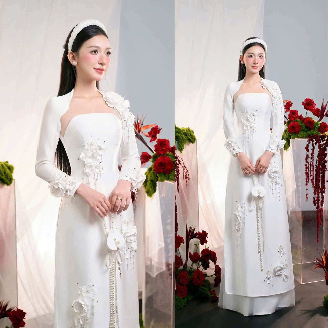S333 4151 Áo only no pants - Áo dài dáng truyền thống lụa ruby đính kết