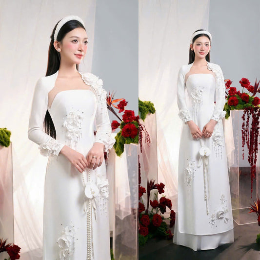 S333 4151 Áo only no pants - Áo dài dáng truyền thống lụa ruby đính kết
