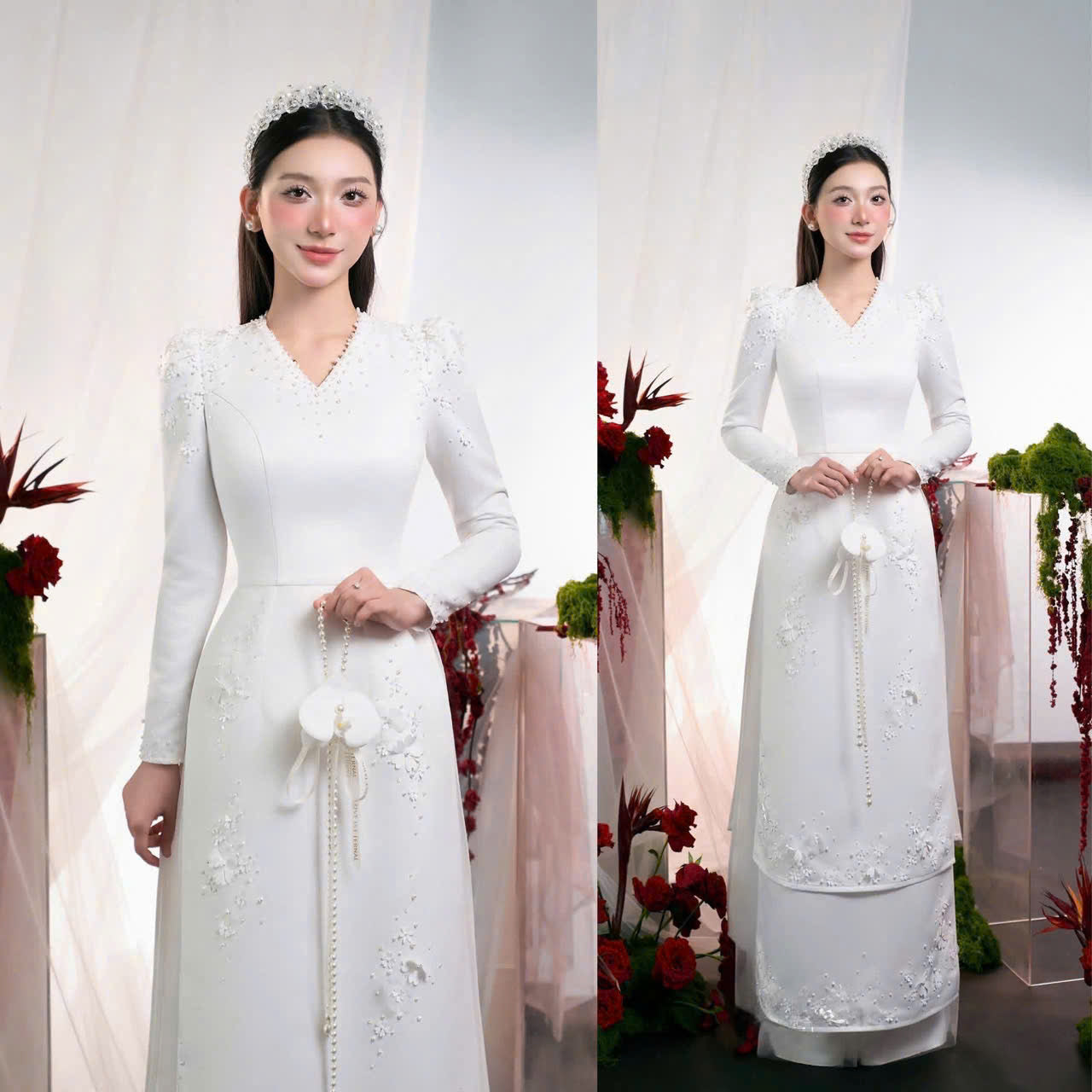 S330 4142 Áo only no pants - Áo dài dáng truyền thống cổ tim 4 tà màu trắng