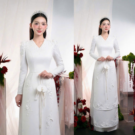 S330 4142 Áo only no pants - Áo dài dáng truyền thống cổ tim 4 tà màu trắng