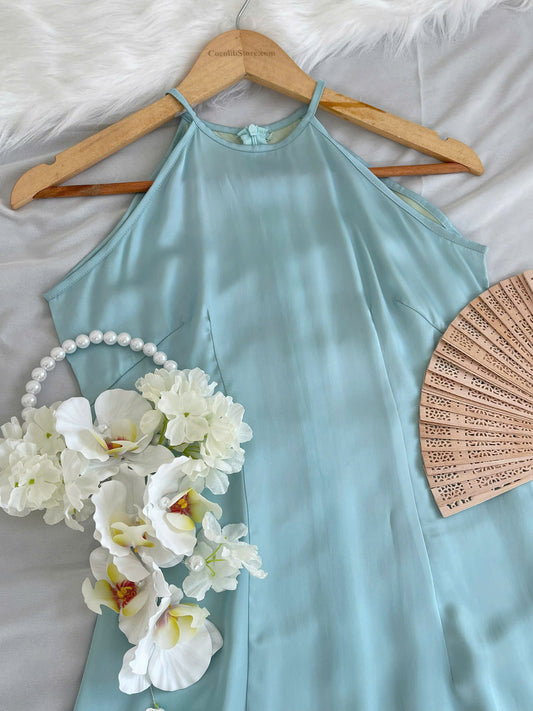 Y10 4146 - Đầm cổ yếm lụa double silk màu xanh blue