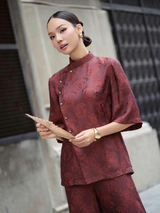 BB211 4150 - Set bà ba lụa nha xá thọ dơi màu đỏ đậm