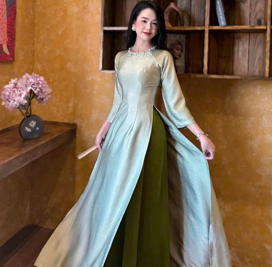 H781 4178 Áo only no pants - Áo dài dáng truyền thống chiết li eo lụa hà lan đính kết cổ