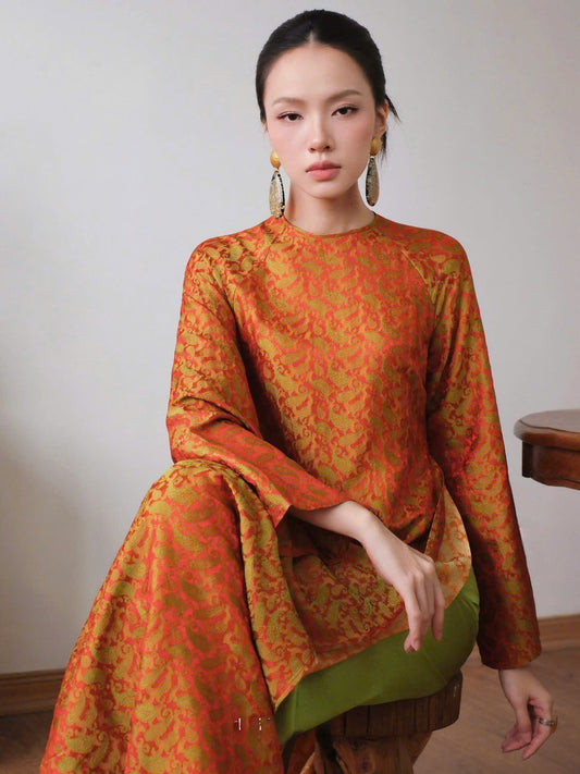 HD140 4185 Áo + quần nhũ - Áo dài dáng suông 2 tà lụa nha xá lông công màu cam