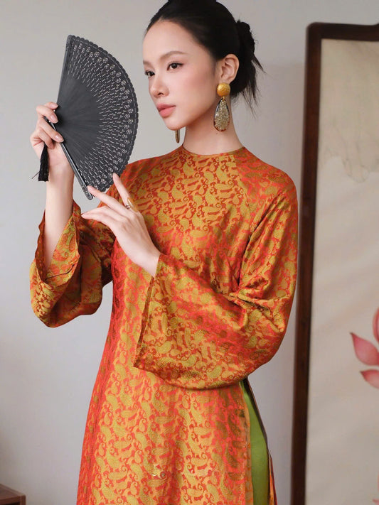 HD140 4185 Áo + quần nhũ - Áo dài dáng suông 2 tà lụa nha xá lông công màu cam