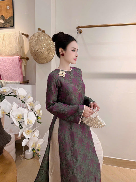 HD141 4187 Áo + quần nha xá - Áo dài dáng suông 2 tà lụa nha xá thọ dơi