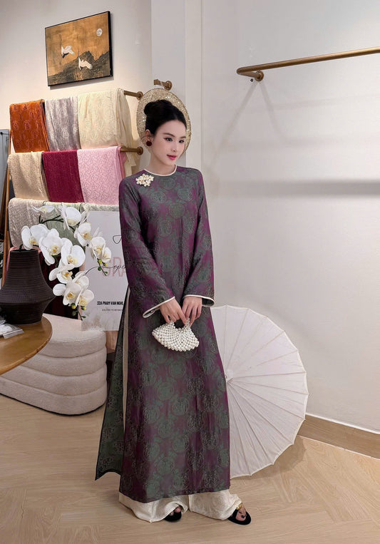 HD141 4187 Áo + quần nha xá - Áo dài dáng suông 2 tà lụa nha xá thọ dơi