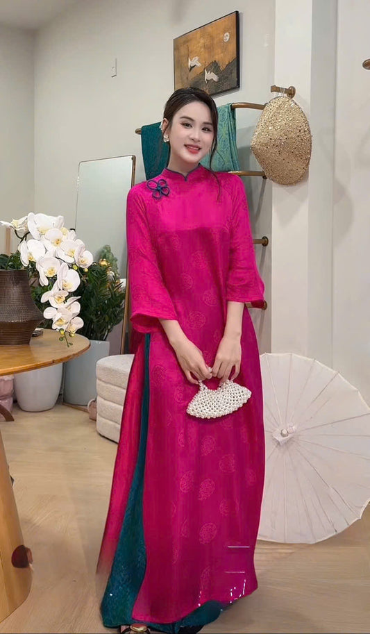 HD142 Áo + quần nha xá - Áo dài dáng suông 2 tà lụa nha xá màu hồng sen