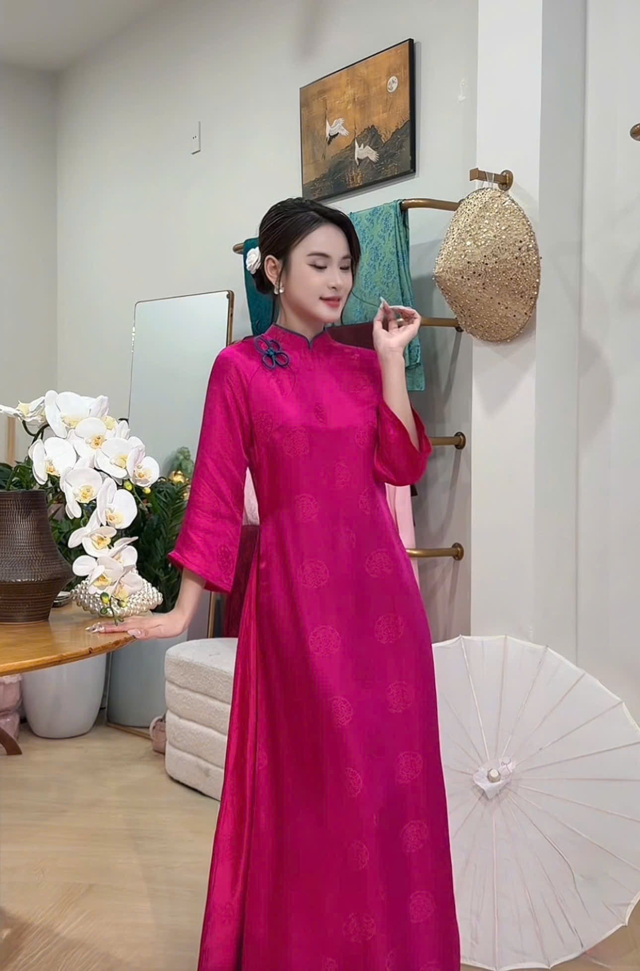 HD142 4191 Áo + quần nha xá - Áo dài dáng suông 2 tà lụa nha xá màu hồng sen