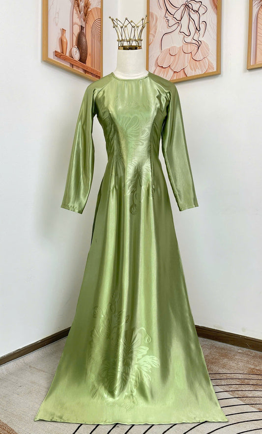 H784 4195 Áo only no pants - Áo dài lụa mã não 4D màu xanh bơ