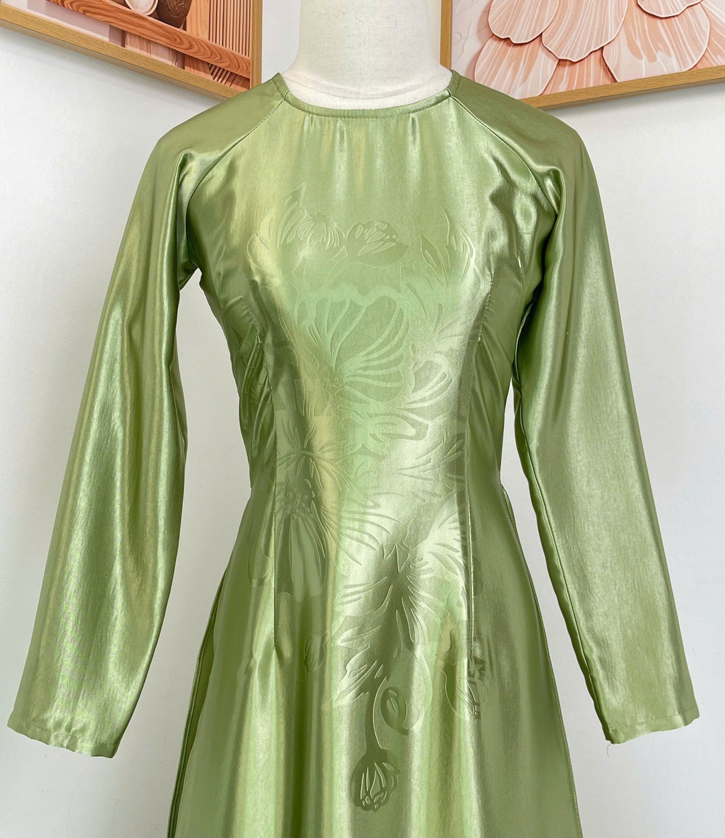 H784 4195 Áo only no pants - Áo dài lụa mã não 4D màu xanh bơ