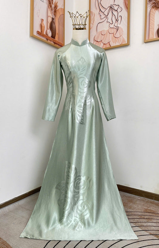 H782 Áo only no pants - Áo dài lụa mã não 4D màu xanh nhạt
