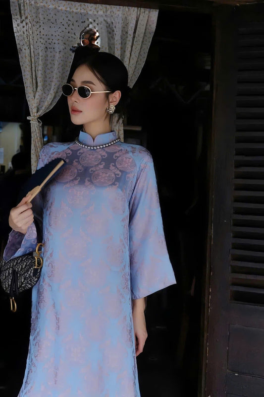 H769 4108 Áo only no pants - Áo dài dáng suông 2 tà lụa gấm thọ dơi