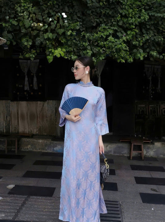 H769 4108 Áo only no pants - Áo dài dáng suông 2 tà lụa gấm thọ dơi
