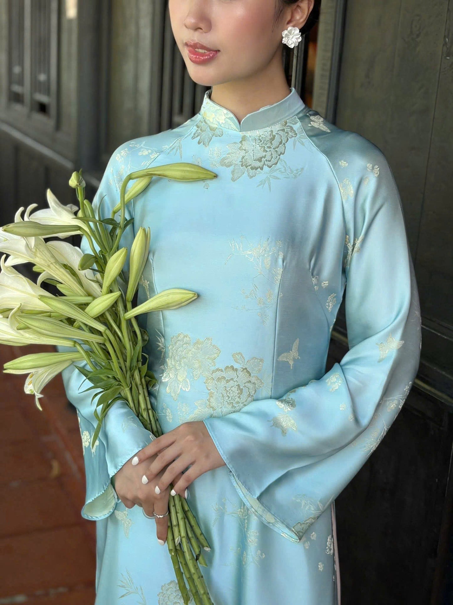 H788 4260 Áo only no pants - Áo dài dáng truyền thống chiết li eo màu xanh blue