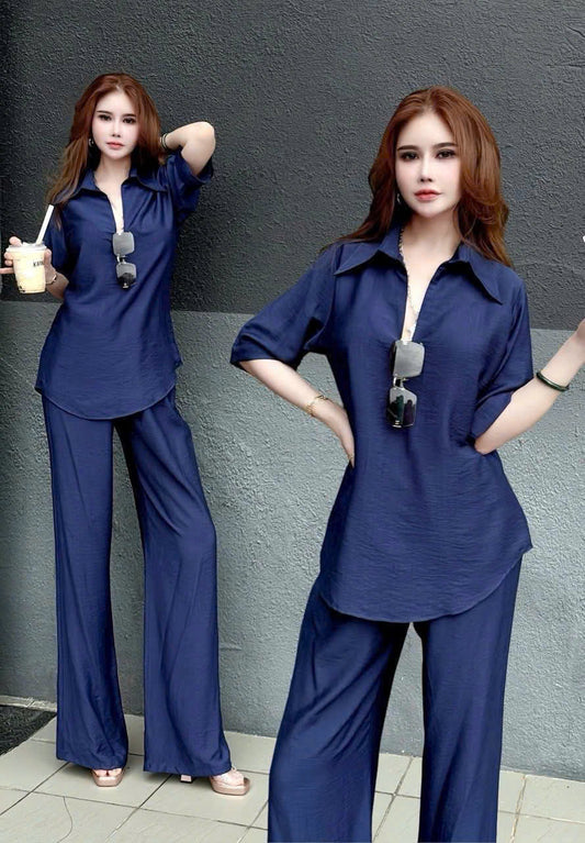BB226 - Set đồ bộ áo cổ V tay lỡ đũi nhật màu xanh navy