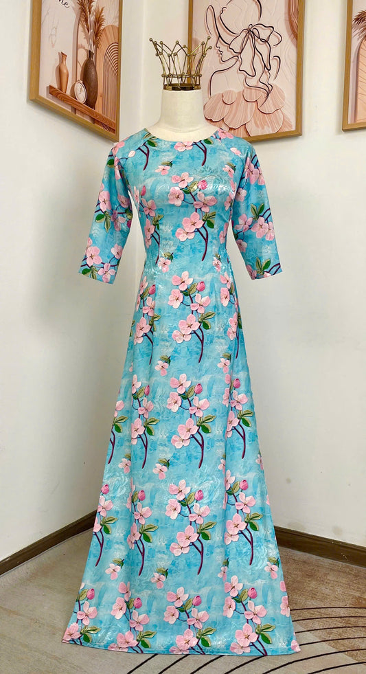 H790 Áo only no pants - Áo dài truyền thống chiết li eo lụa gấm vân in hoa