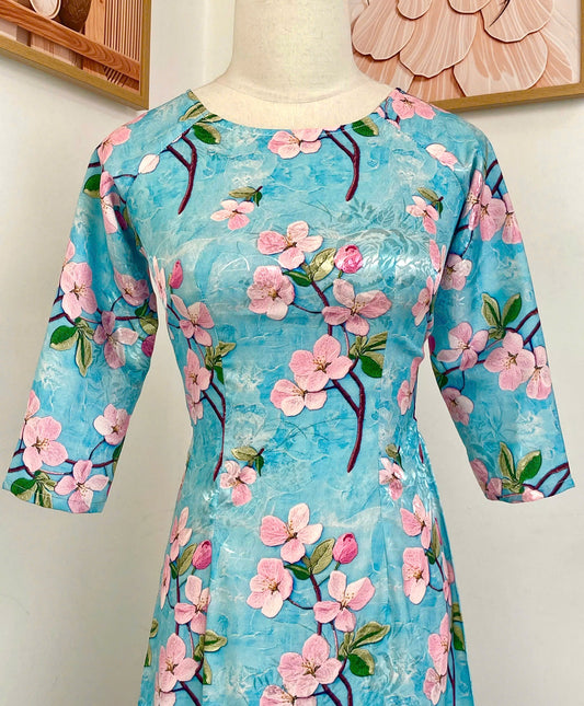 H790 4271 Áo only no pants - Áo dài truyền thống chiết li eo lụa gấm vân in hoa