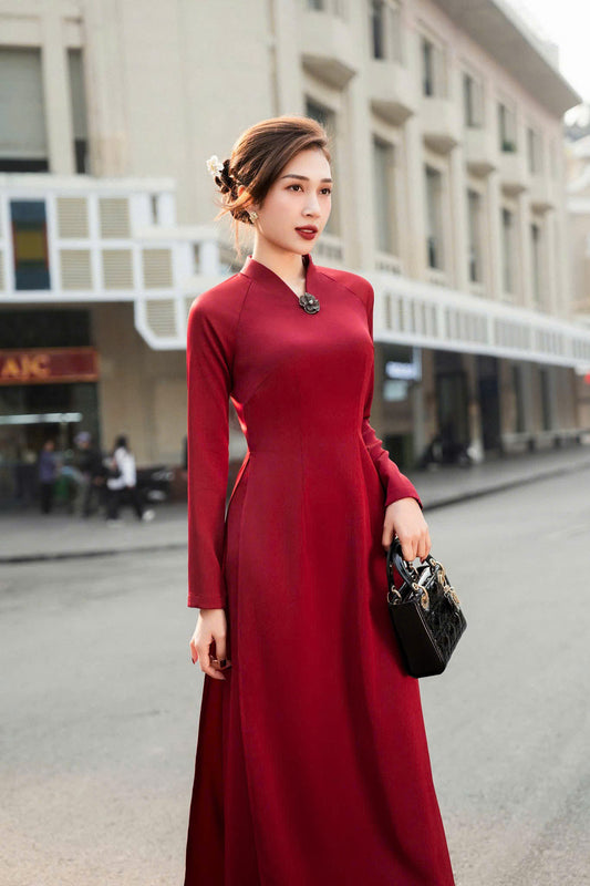 H794 Áo only no pants - Áo dài dáng truyền thống chiết li eo lụa tô châu màu đỏ đậm