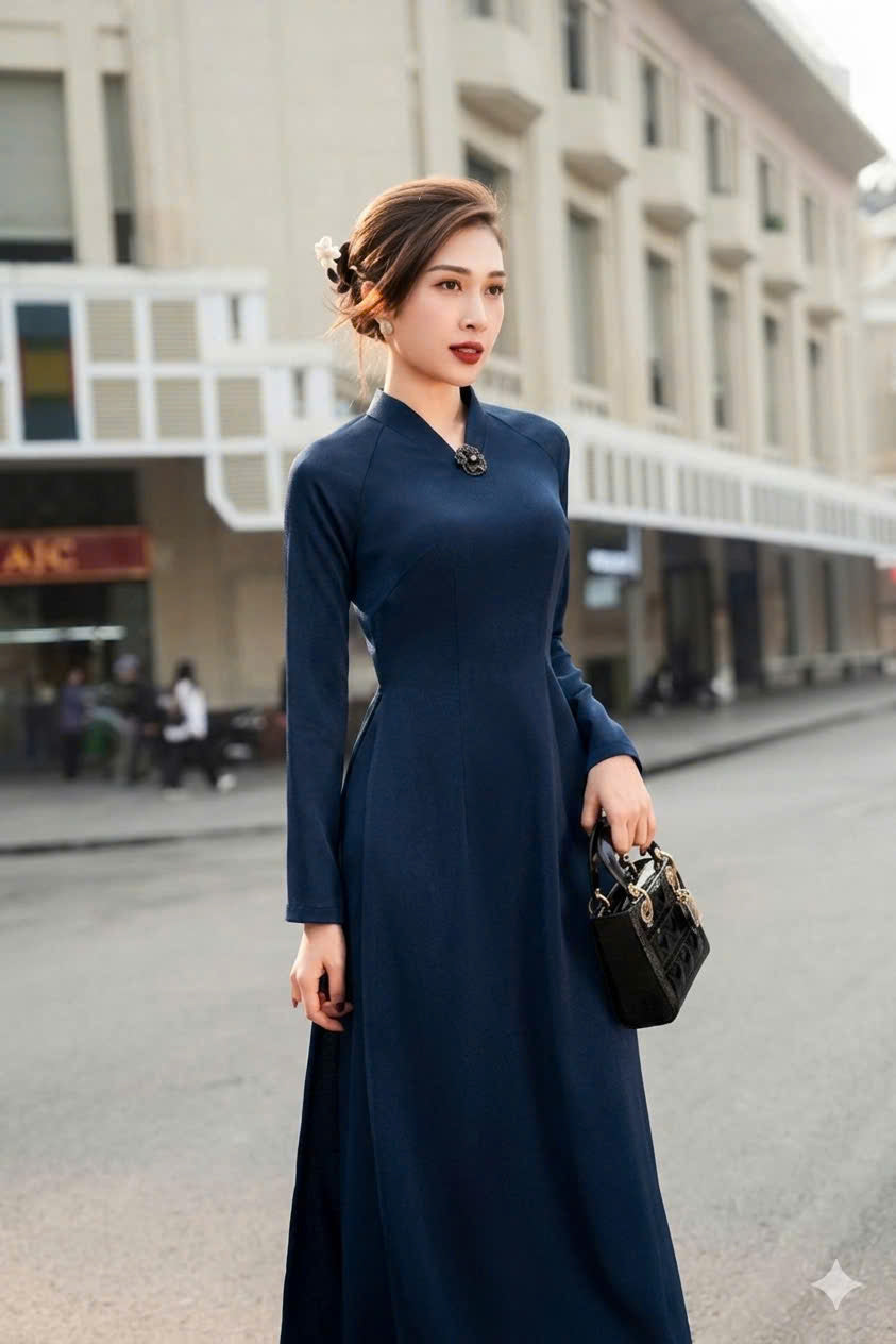 H796 4274 Áo only no pants - Áo dài dáng truyền thống chiết li eo lụa tô châu màu xanh navy (đính hoa trắng)