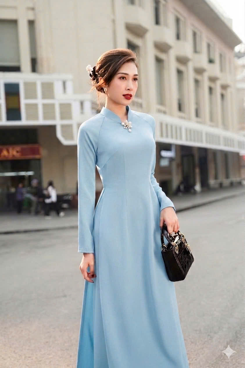 H797 Áo only no pants - Áo dài dáng truyền thống chiết li eo lụa tô châu màu xanh baby blue (đính hoa trắng)