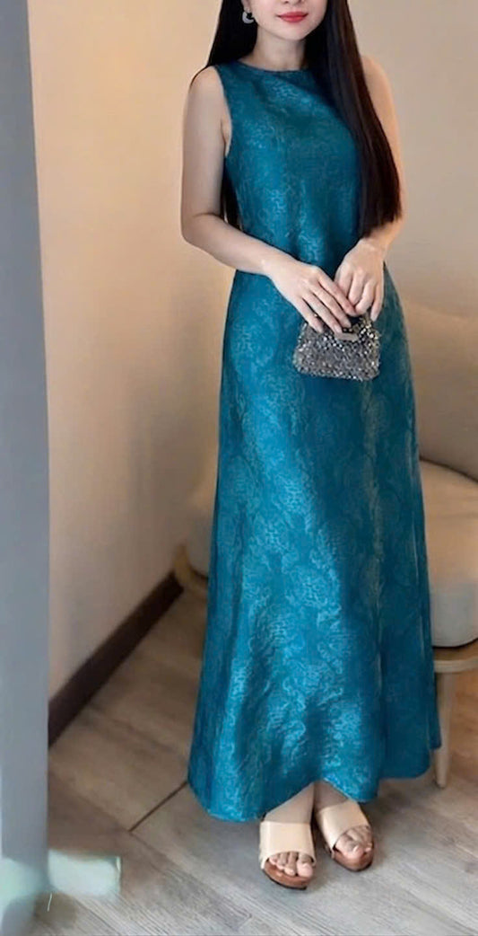 V07 - Đầm dáng dài lụa ánh kim tencel thọ dơi màu xanh cổ vịt
