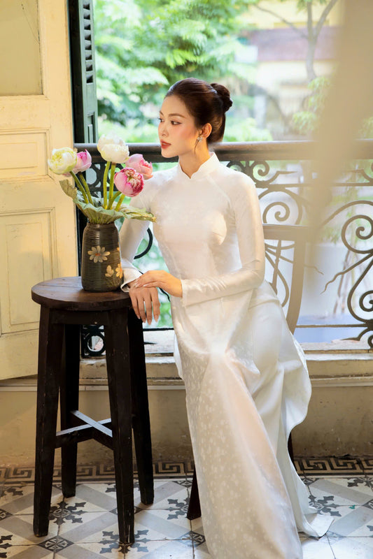 HD149 4310 Áo + quần nha xá - Áo dài lụa nha xá dáng truyền thống chiết li eo 2 tà