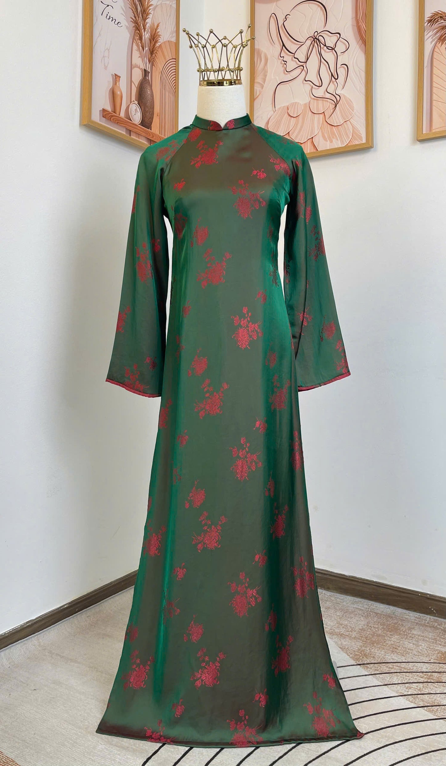 H799 4345 Áo only no pants - Áo dài dáng suông lụa 2 da tằm cúc màu xanh ánh đỏ