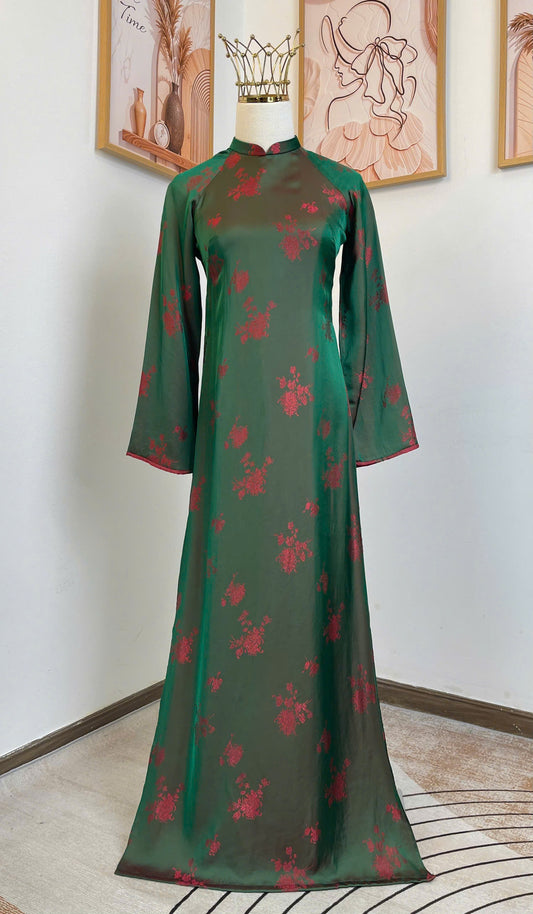 H799 4345 Áo only no pants - Áo dài dáng suông lụa 2 da tằm cúc màu xanh ánh đỏ