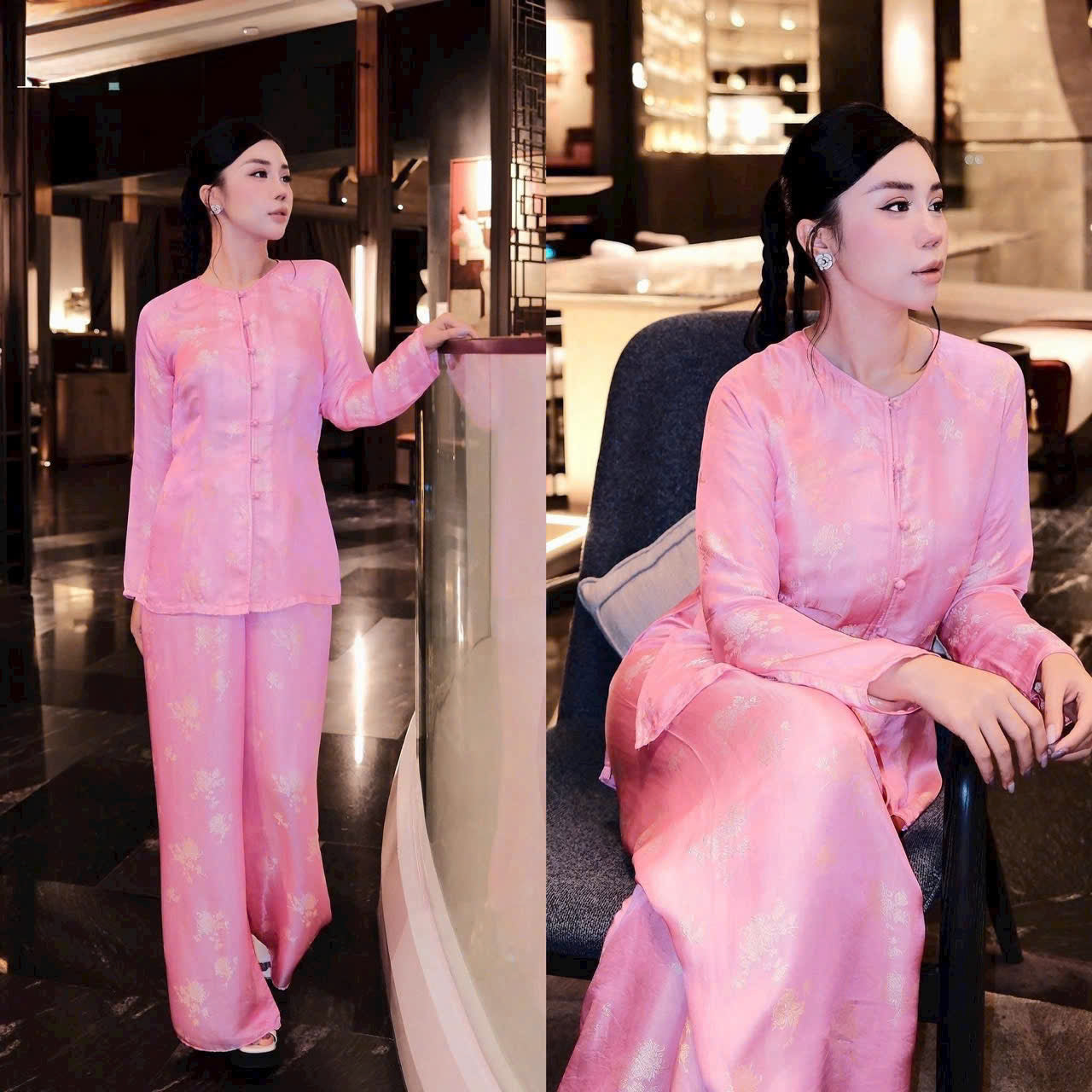 BB229 4346 - Set bà ba lụa tằm cúc 2 da màu hồng