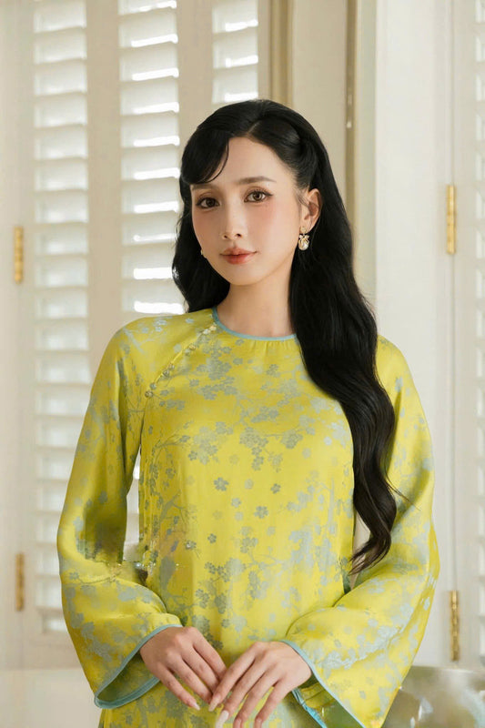 H833 4349 Áo only no pants - Áo dài dáng suông lụa gấm tuyết mai màu cốm